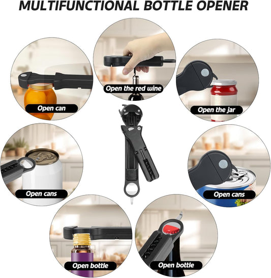 7 in 1 Jar Opener Bottle Opener and Wine Opener for Seniors with Arthritis, Weak Hands, Multi Retractable Magnetic Can Opener, Original Kitchen Lid Opener Tool (Black)