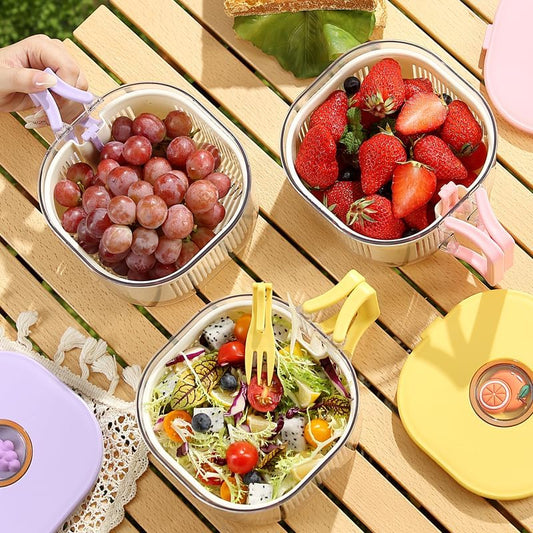 Fruit and Salad Washing Bowl with Strainer,Colander for Kitchen,Multi-Functional Vegetable and Food Drainer with Lid, Handle and Fork,Portable Fruit and Salad Containers for Fridge,BPA Free,Strawberry