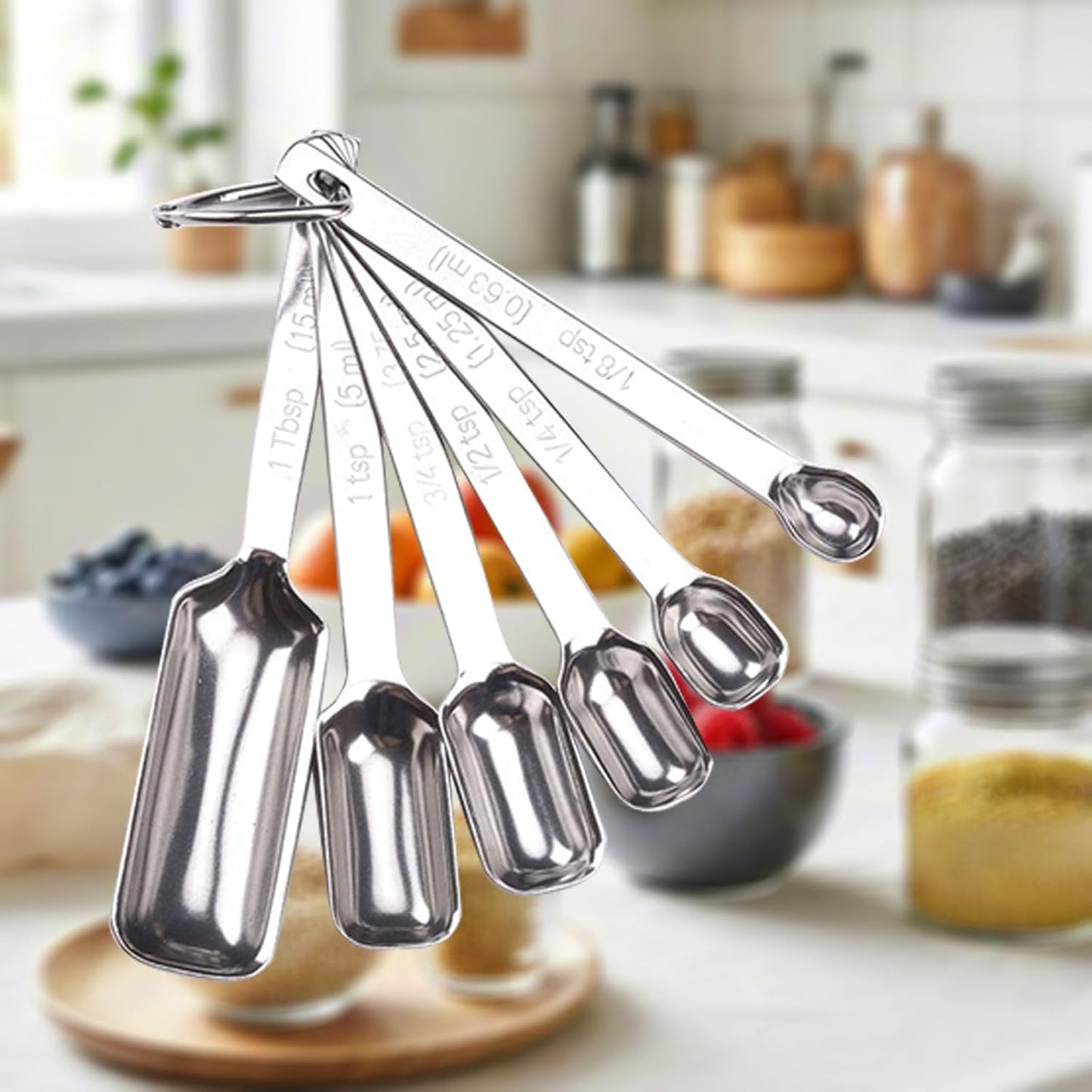 Stainless Steel Measuring Spoons Set of 7 with Leveler, Long Handle Rectangular Metal Teaspoon Tablespoon for Measuring Kitchen Spice, Dry & Liquid Ingredients