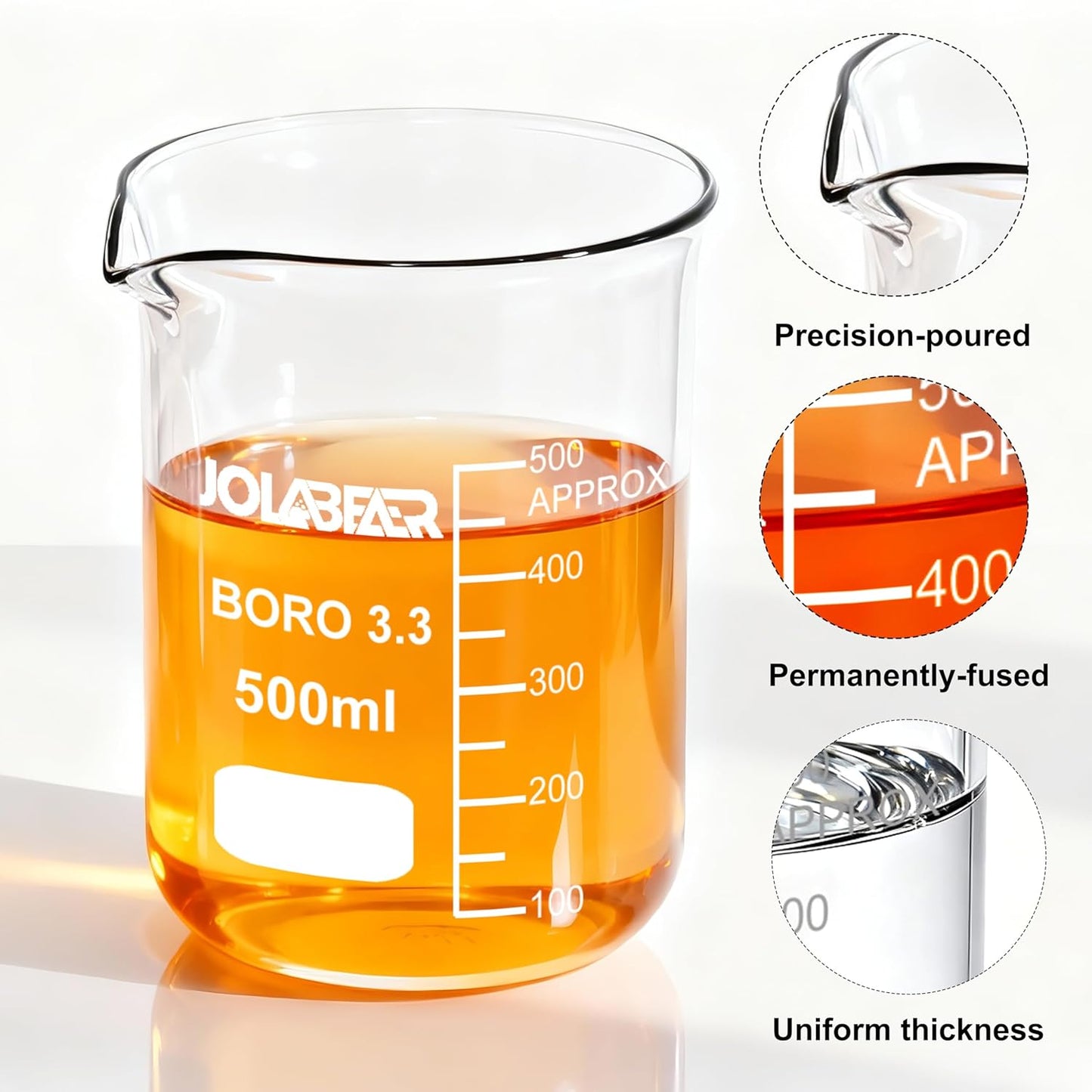 Glass Beaker Set - 7 Size -10ml 25ml 50ml 100ml 250ml 500ml 1000ml, 3.3 Boro Griffin Low Form Lab Beakers with Printed Graduation