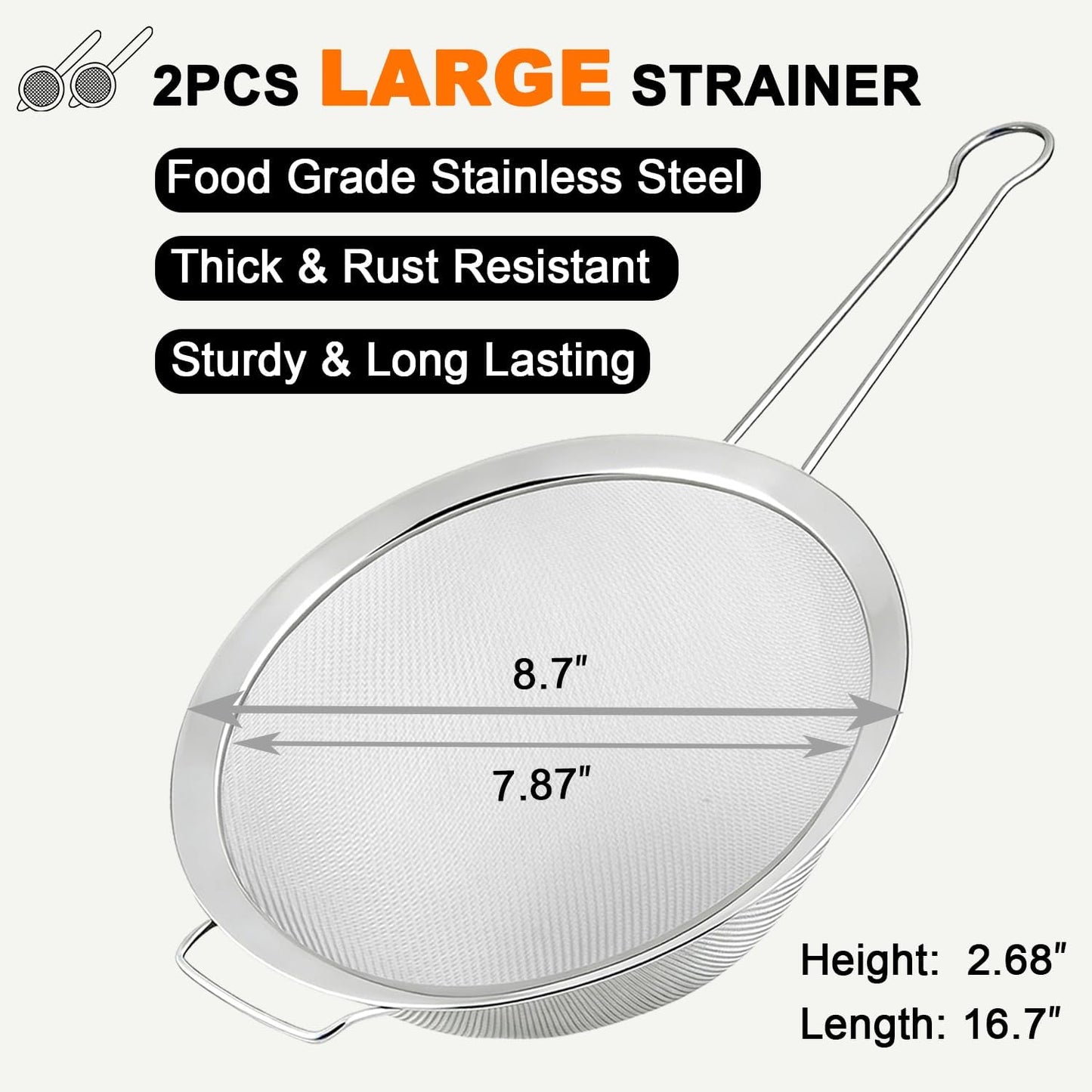 Fine Mesh Strainer with Sturdy Handle, 7.76 Inch Stainless Steel Strainers, Bonus 20x20 Inch Reusable Cotton Cheese Cloths with 4 Hemmed Edges, Sieve Sifter for Straining, Cooking, Baking