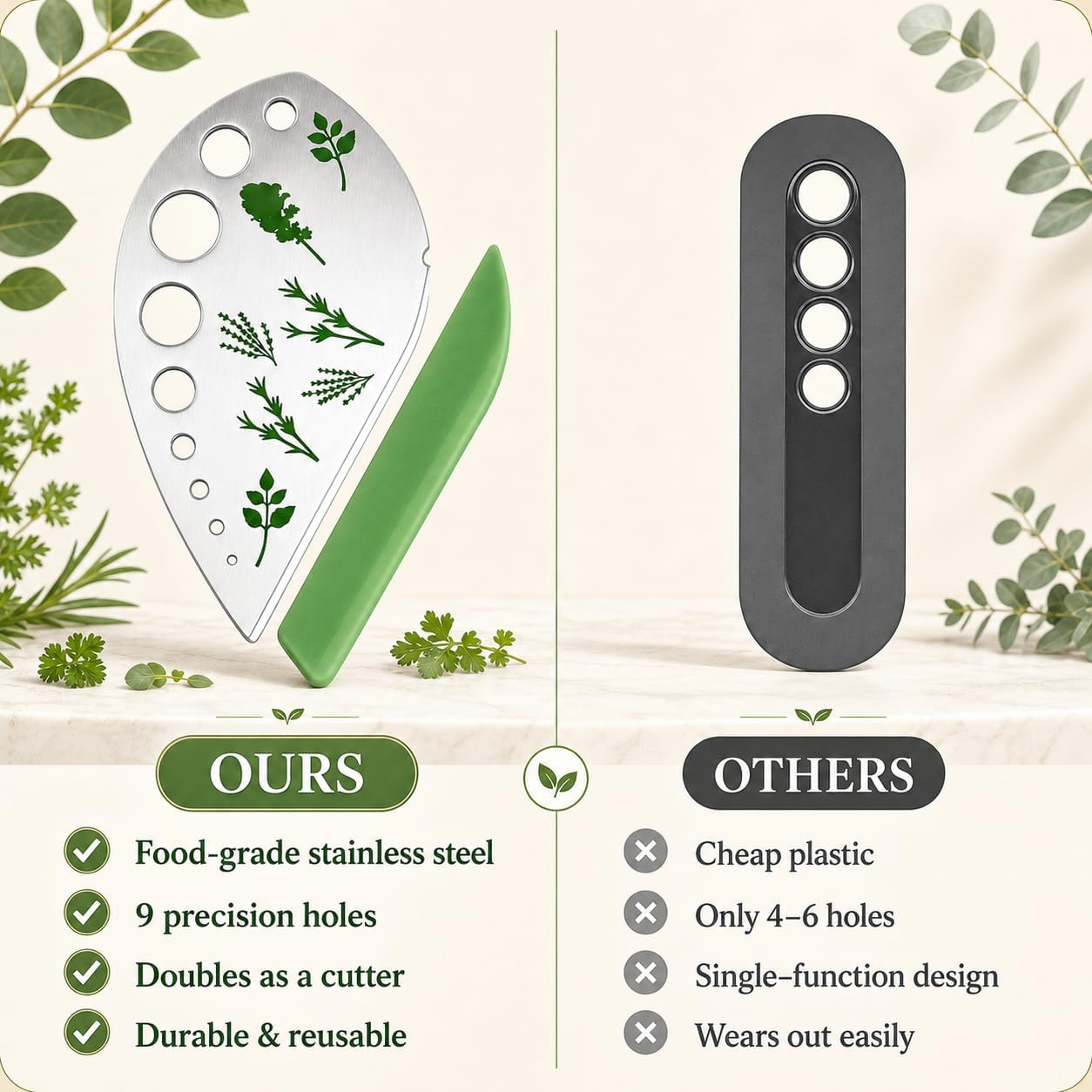 Stainless Steel Herb Stripper, 9-Hole Leaf Remover Tool for Kale, Thyme & Rosemary, Graduated Herb Stripping Tool with Protective Cover for Kitchen, Durable Metal Gadget for Greens