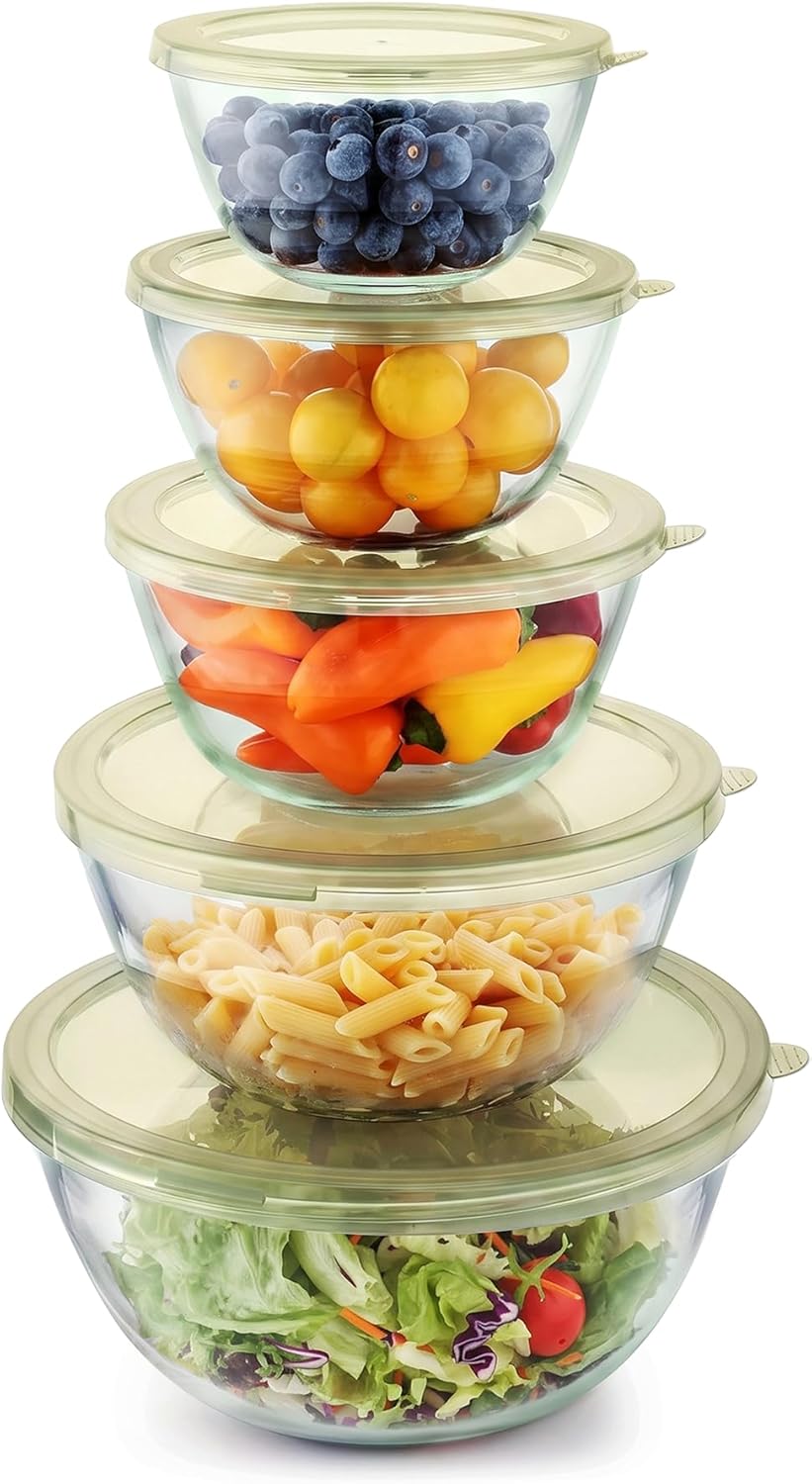 Cuiselect 4pc Glass Mixing Bowls with Lids Set (2.80QT, 1.64QT, 1.16QT, 0.85QT), Thick Salad Bowl, Nesting Glass Mixing Bowl for Cooking, Baking, Prepping-Dishwasher Microwave Freezer Safe