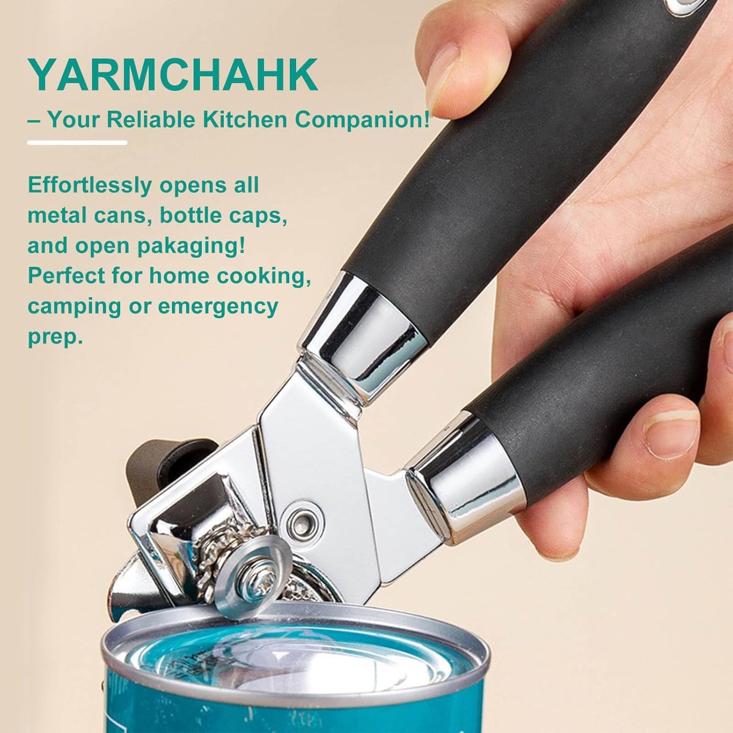 Multifunctional Stainless Steel Manual Can Opener and Bottle Opener, Heavy Duty Hand Held Can Opener with Easy Turn Knob, Sharp Blade Smooth Edge, Good Grips Kitchen Tool for Seniors, Black