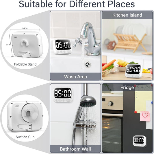 HAUKINIX Shower Timer Waterproof Bathroom Toilet Timer Digital Kitchen for Wall Mount, Study w/Foldable Stand, Countdown Stopwatch w/Suction Cup for Swim, Rechargeable, White