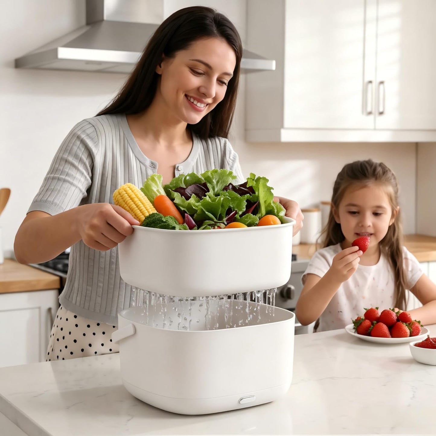 Ultrasonic Fruit Washer and Produce Cleaner Device - Countertop Fruit and Vegetable Washing Machine for Berry & Salad - Cordless Veggie Cleaner with 2-Tier Drain Basket Strainer