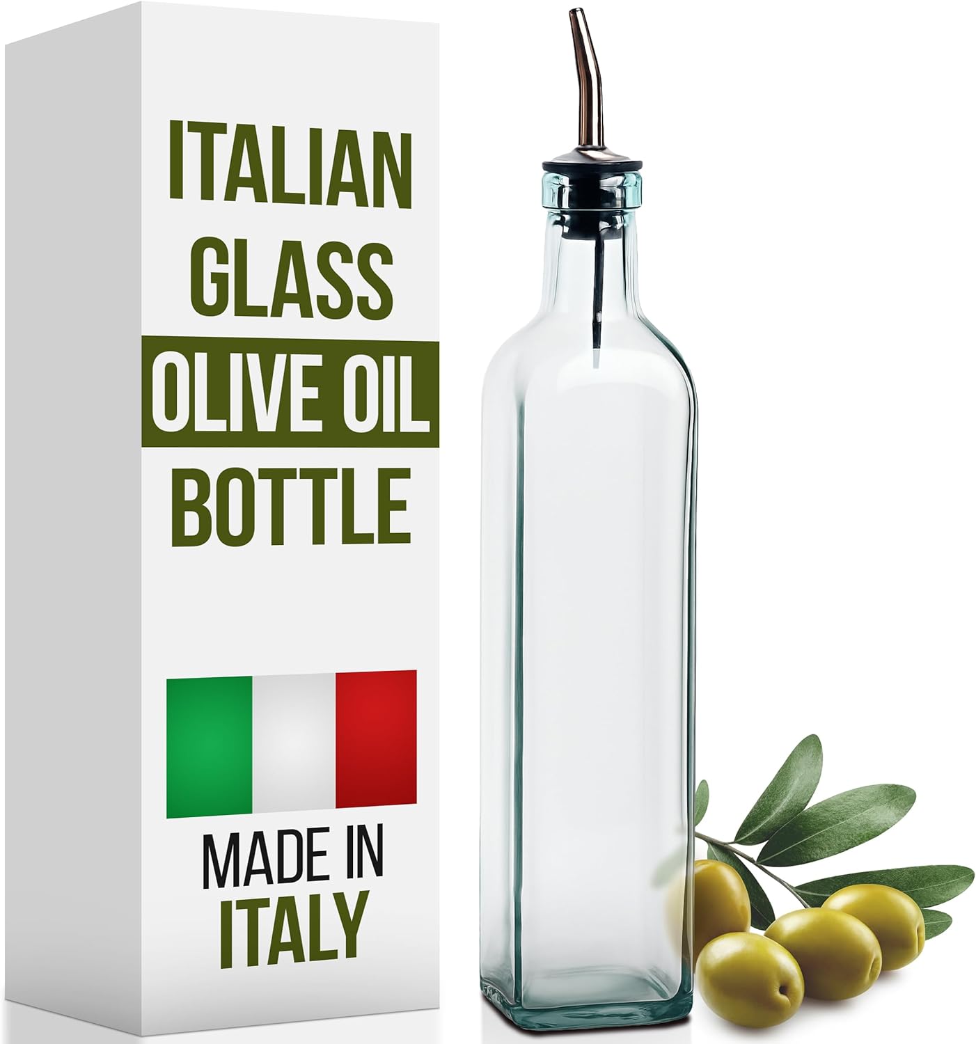 Olive Oil Dispenser Bottle - 16 oz, Made in Italy Glass Olive Oil and Vinegar Cruet with Stainless Steel Spout for Kitchen, Slight Green Tint (1, 473 ml)