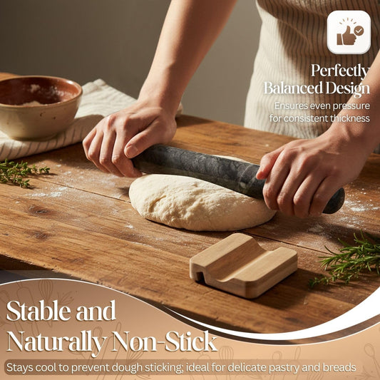 Flexzion French Rolling Pin, 12 Inch White Marble Rolling Pins for Baking with Wooden Base Holder Stand - Non-Stick Baking Roller for Baking Fondant, Crust, Pastry, Cookies, Pizza, Pasta