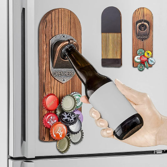 Beer Bottle Opener Wall Mounted with Magnetic Cap Catcher,Wooden Magnetic Bottle Opener for Fridge,Vintage Beer Gifts for Men, Man Cave Decor,Gifts for Men and Beer Lovers(Style 3)