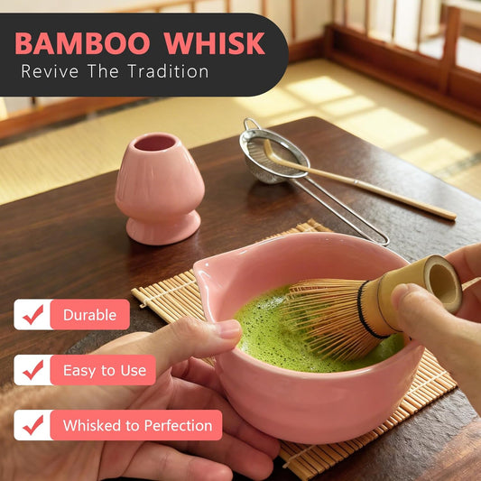 Matcha Whisk Set 5 pcs 18 oz Tea Making Bowl Kit Great for Starter Pink