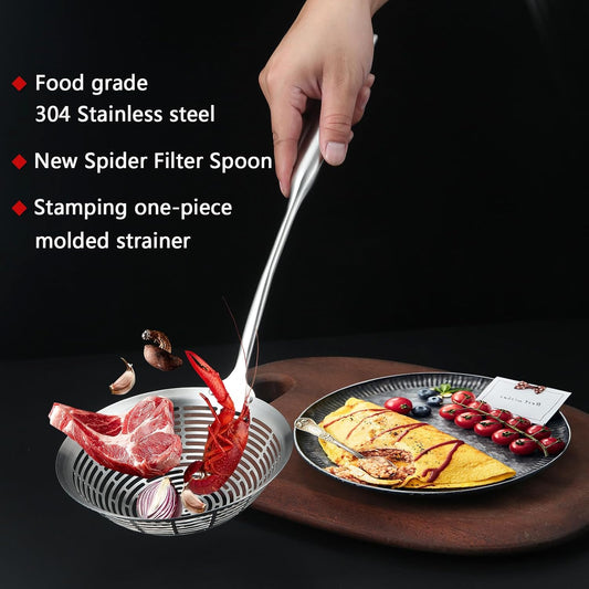 Collfa Cooking Skimmer 304 Stainless Steel Spider Strainer Handheld Metal Slotted Spoon With Holes Mesh Ladle For Spaghetti Pasta;Poached Egg;Noodle;Vegetables;Kitchen Frying And Cooking Tools