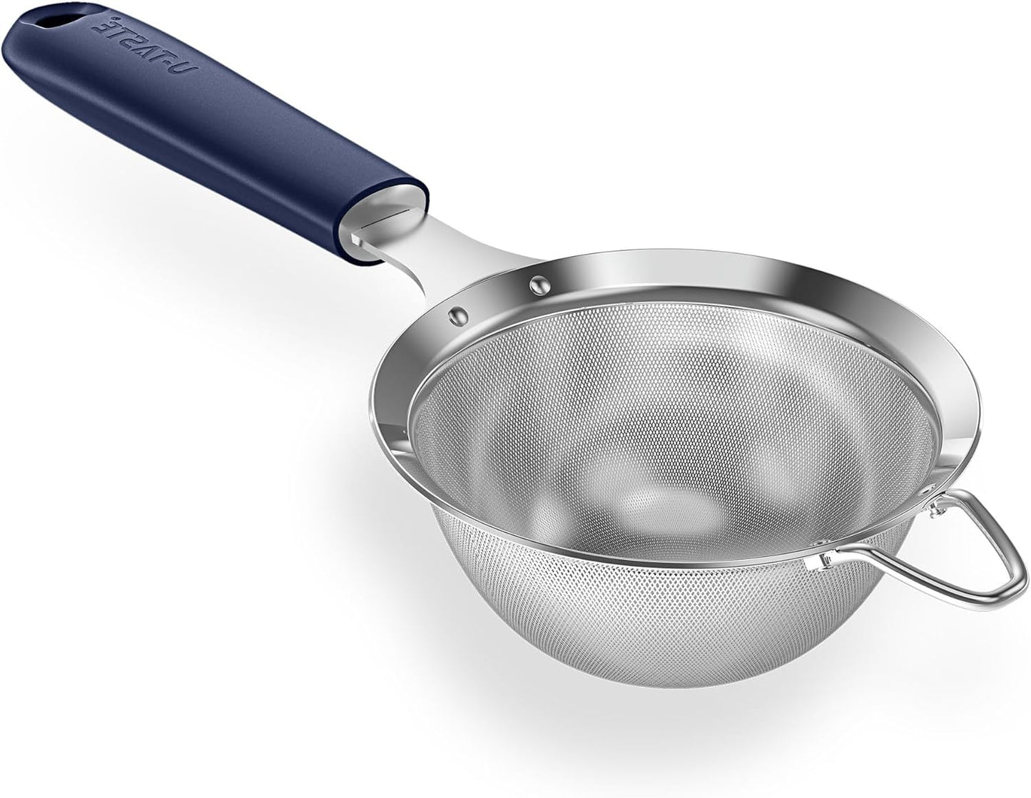 18/8 Stainless Steel Mesh Strainer: U-Taste 5.5 Inch Kitchen Fine Mesh Sieve Food Colander with Riveted Sturdy Silicone Handle and 30 Mesh Hole for Straining Flour, Pasta, Fruit, Quinoa(Aqua Sky)