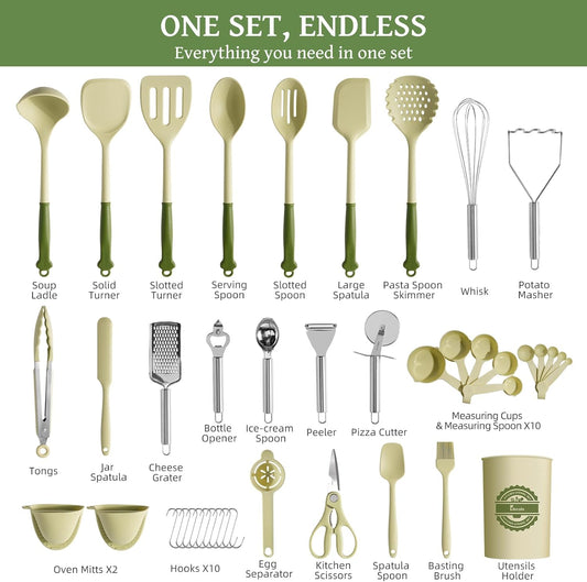 Kikcoin 43Pcs Large Kitchen Utensils Set - Silicone Cooking Utensils Set, Dishwasher Safe Spatula Set for Non-stick Cookware, 446°F Heat Resistant Kitchen Utensils Set with Holder BPA Free, Grey