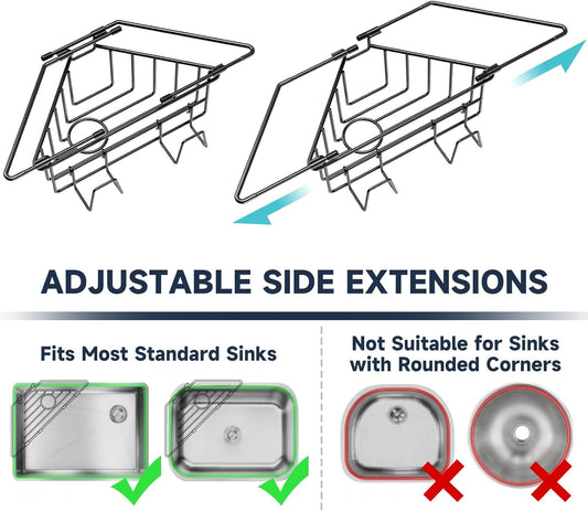 NiHome Extendable Arm Stainless Steel Kitchen Sink Corner Caddy, Easy Install Space-Saving Adjustable Sponge Holder, Non-Slip Rust-Resistant for Brushes, Soap, Sponges (Silver)