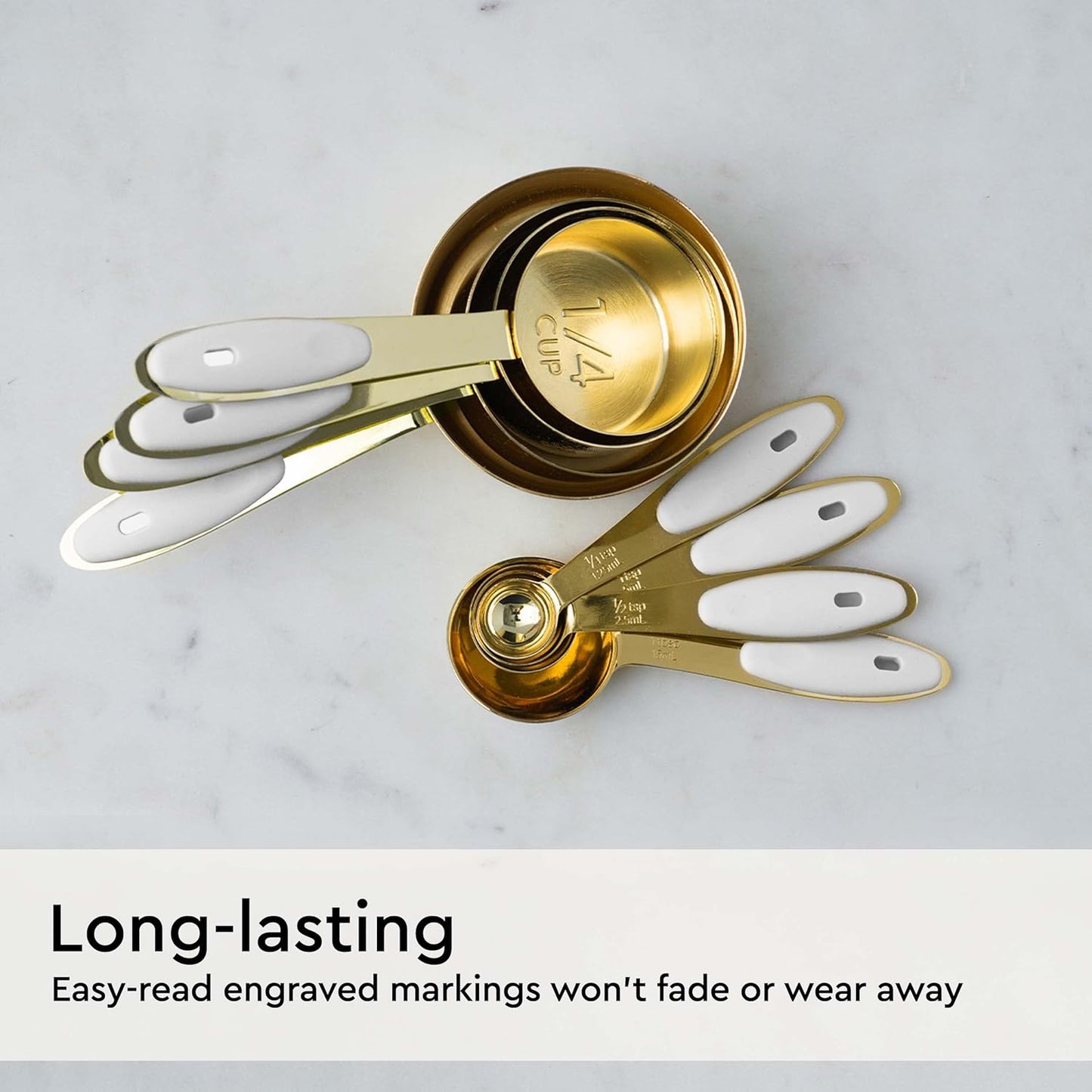 STYLED SETTINGS Gold Measuring Cups and Spoons Set – Stackable 8-Piece Brass Measuring Cups and Spoons – Stylish and Sturdy Gold Kitchen Accessories for Baking and Cooking