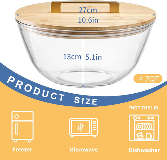 6.5Qt Extra Large Glass Mixing Bowl with Lid, Clear Large Salad Bowls with Airtight Bamboo Lid & Handle,Thickened Glass Big Mixing Bowls Cooking Bowl for Food Prep, Kitchen,Dinner, Borosilicate Glass
