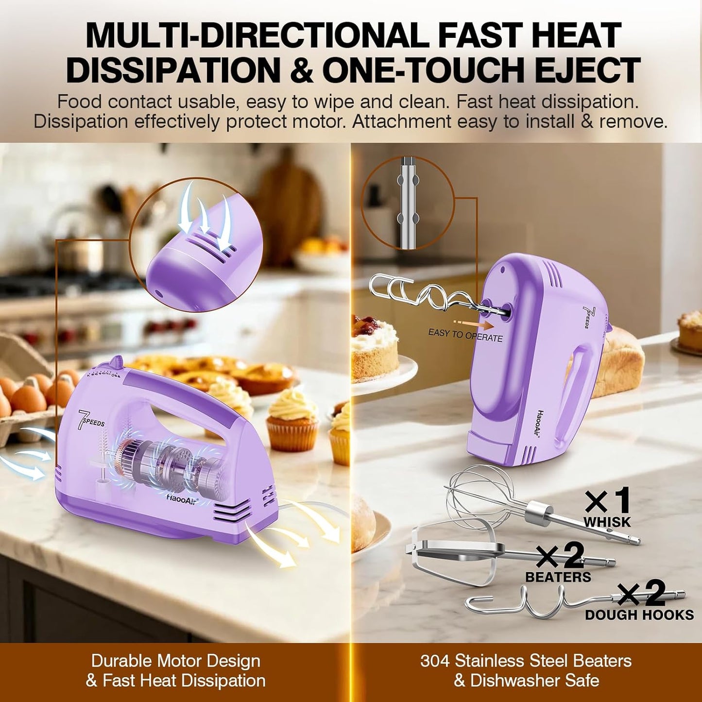 Electric Handheld Mixer, 7-Speed Adjustable Kitchen Mixer, 5 Stainless Steel Accessories (2 * Dough Hooks, 2 * Beaters, 1 * Whisk), Perfect for Kitchen and Baking Food Mixers, Blue