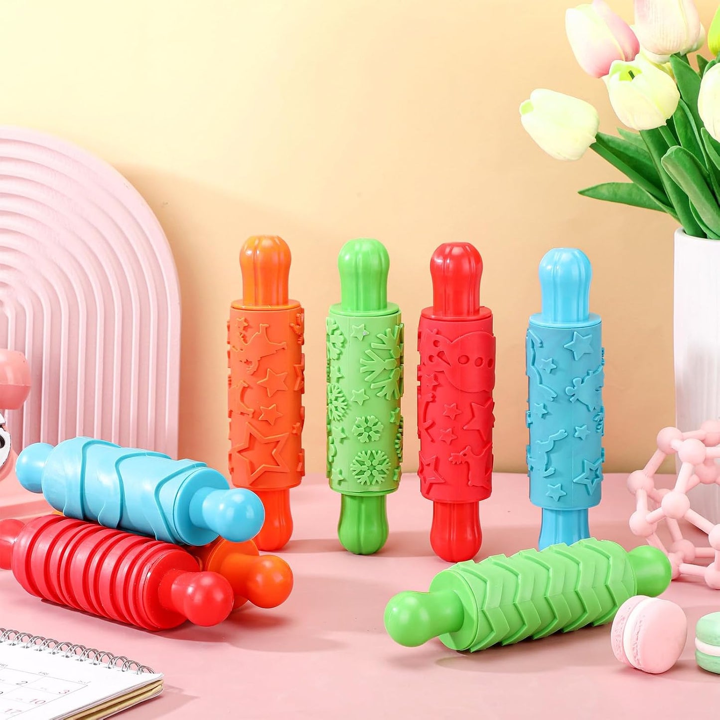 Aoriher 8 Pcs Play Clay Rollers for Kids Textured Rollers with Plastic Handles Play Clay Accessories Pattern Rolling Pins for DIY Art Signs Posters Craft Creations