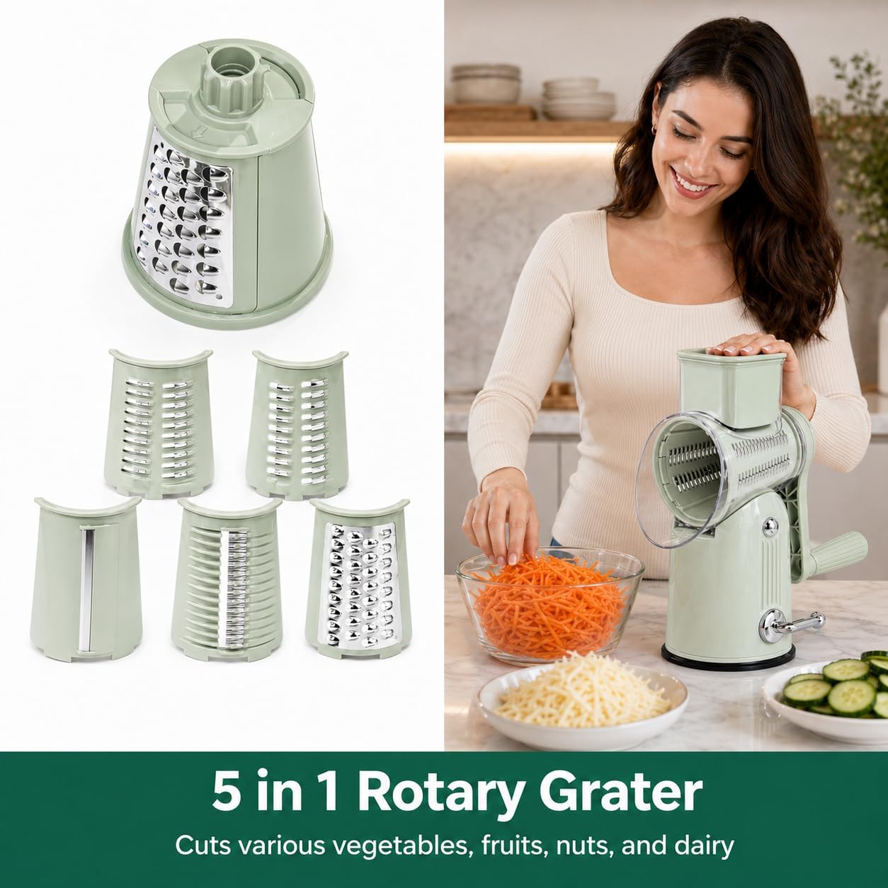 5 in 1 Rotary Cheese Grater with Hand Crank, 5 Replaceable Blades, Strong Suction Base, Multi-Functional Vegetable Slicer Shredder Chopper with Blade Storage Box for Fruit Vegetables Nuts(Green)