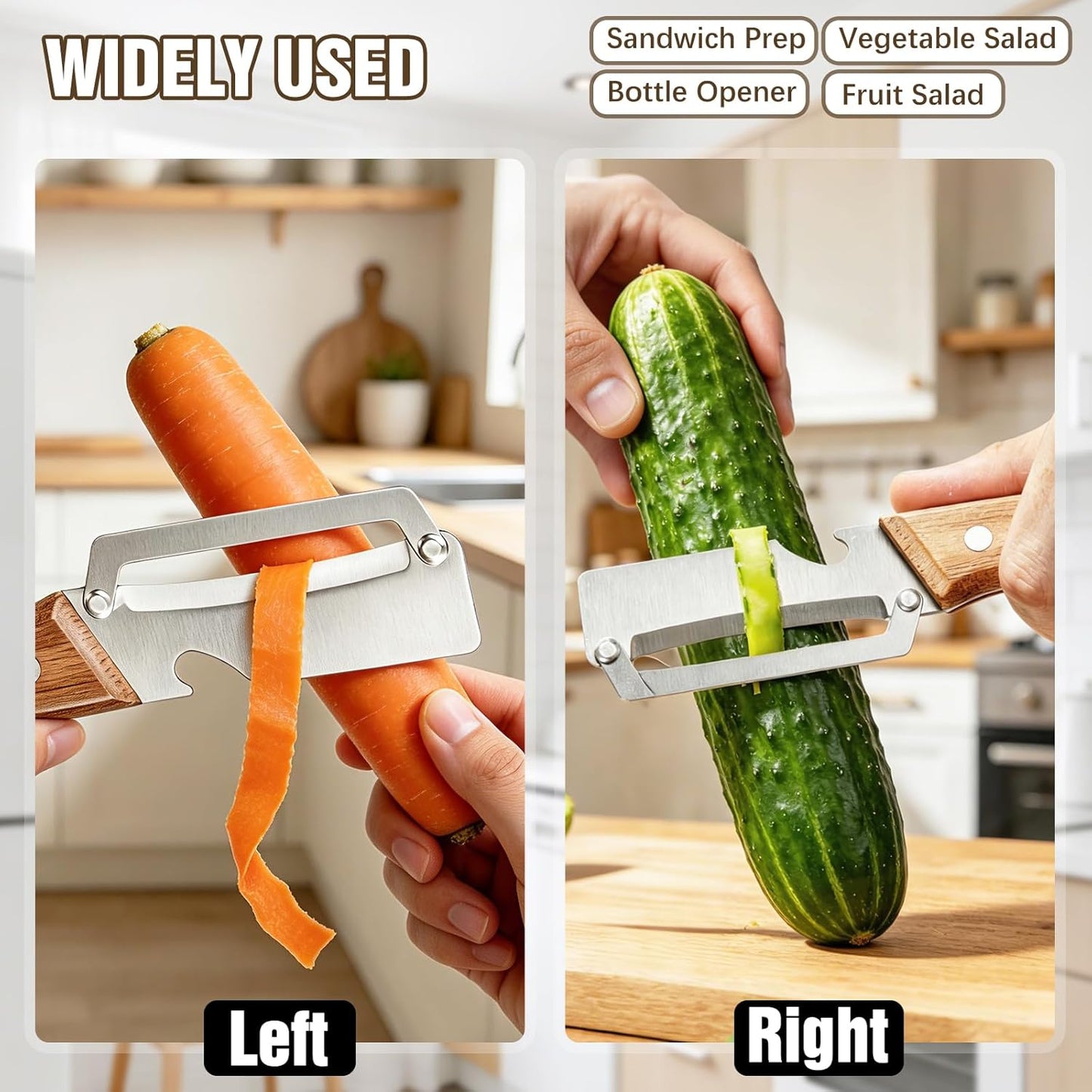 Left & Right Hand Vegetable Peeler Set with Scallion Slicer & Bottle Opener, Heavy-Duty Thick Stainless Steel Blade, Multi-Function Kitchen Peeler with Wooden Handle for Fruits & Vegetables(New 2pcs)