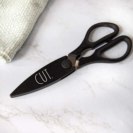 Rae Dunn Kitchen Scissors- Stainless Steel Kitchen Shears, Cooking Scissors for Cutting Meat, Chicken, Herbs and Produce with Blade Cover and Soft Grip Handles (Blue)