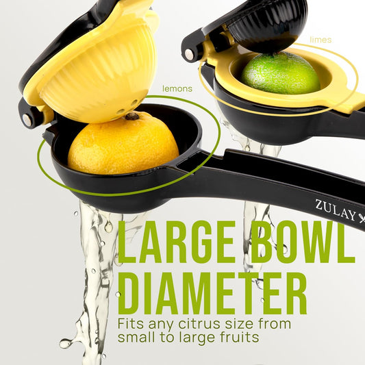 Zulay Kitchen Metal 2-in-1 Lemon Squeezer - Sturdy Max Extraction Hand Juicer Lemon Squeezer Gets Every Last Drop - Easy to Clean Manual Citrus Juicer - Easy-Use Lemon Juicer Squeezer - Yellow/Green