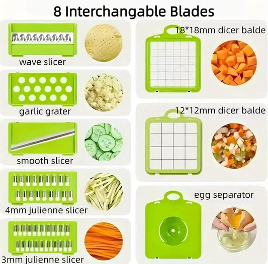 Vegetable Chopper,Multifunctional 8 Blades Food Choppers Onion Chopper Vegetable Slicer Cutter Dicer Veggie chopper,Colander Basket,Container for Salad Potato Carrot Garlic (Green)