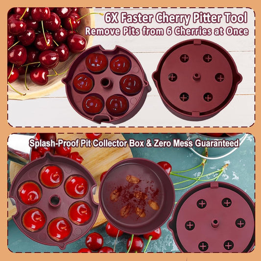6-in-1 Cherry Pitter Tool for Bulk Jam Making & Baking, ABS Cherry Pit Remover with Juice Catch Container, One-Press Multiple Cherry Corer, Dishwasher Safe
