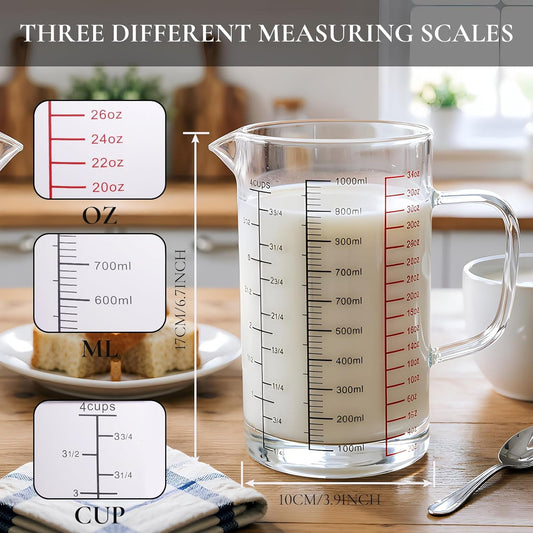 Glass Measuring Cup 4 Cup / 1000ML - Clear Glass Measuring Cup with Handle & V-Shaped Spout, Triple Scale (ML/OZ/Cup), Liquid Measuring Cup for Cooking & Baking