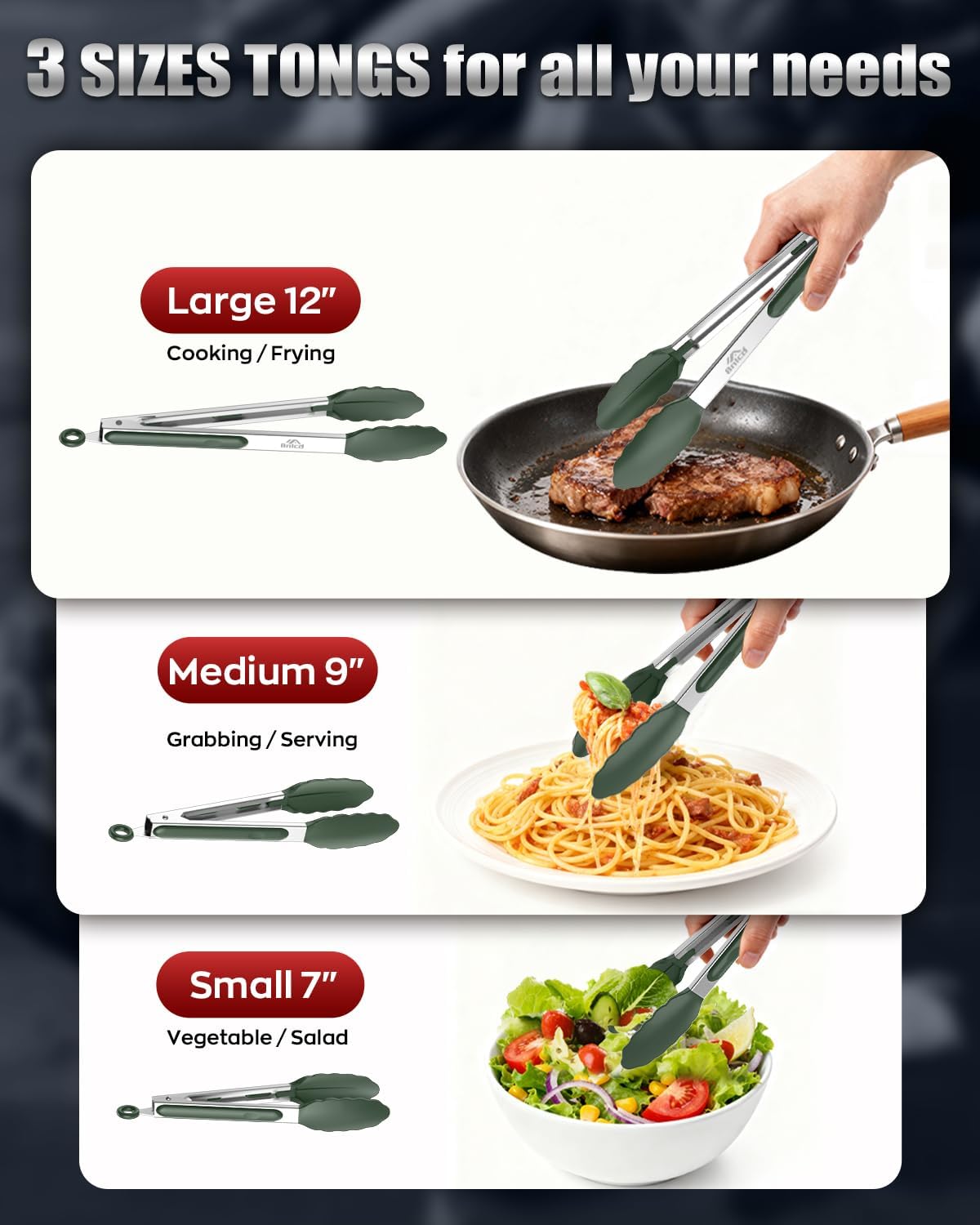 600ºF Heat Resistant Kitchen Tongs, Premium Locking Cooking Tongs with Silicone Tips, Non-Slip Food Tongs for Cooking, Non-Stick, Heavy Duty Stainless Steel Handle, Set of 3-7" 9" and 12" Black