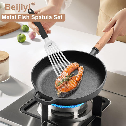 Beijiyi 2 Pack Fish Spatula, 13.5" & 11.7", Stainless Steel Slotted Turner, Full Tang Silicone Handle, Metal Spatulas for Kitchen Flipping Fish, Burger & Grilling, Dishwasher Safe
