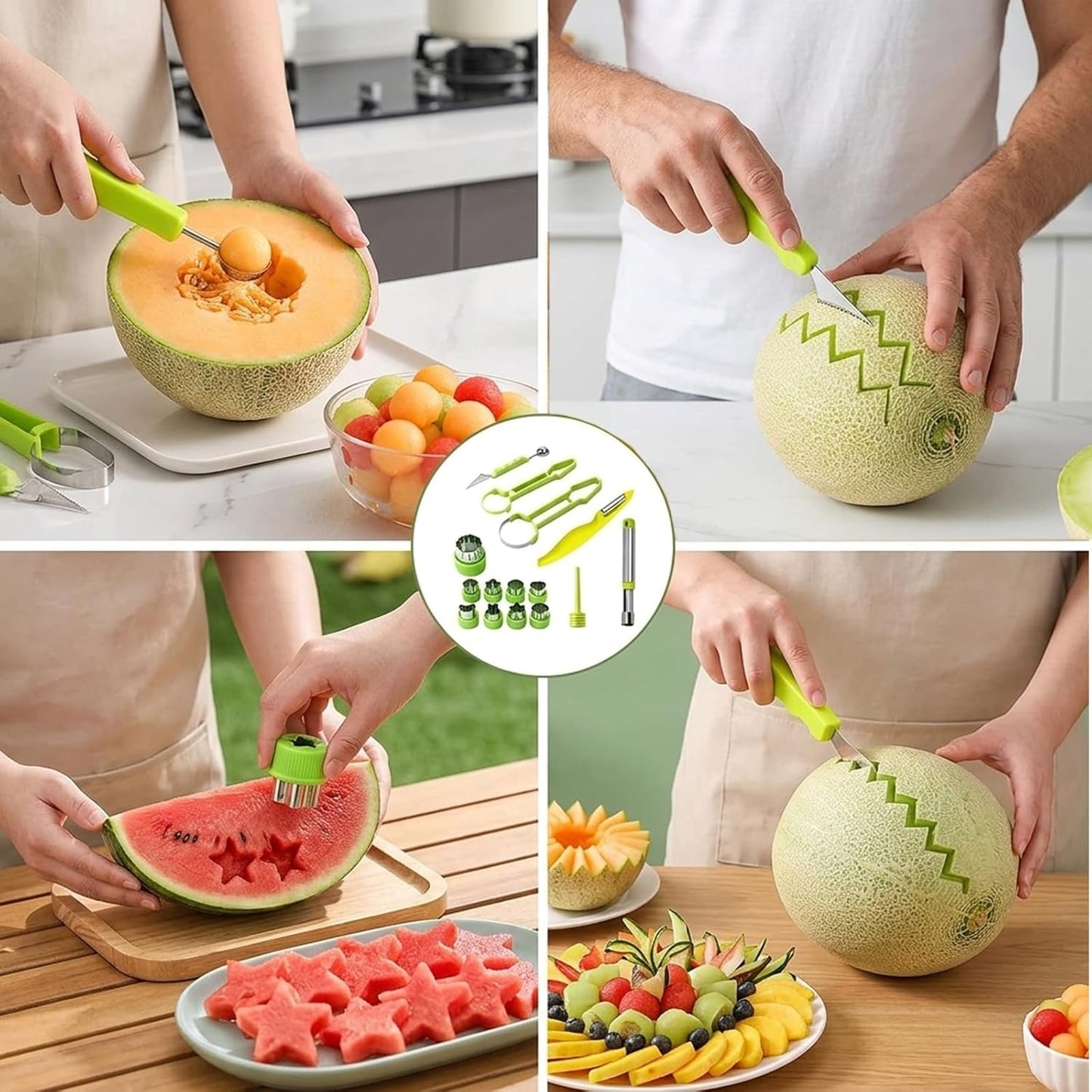 Melon Baller Scoop Set,15-Piece Fruit Cutter Shapes Kit with Melon Baller,Stainless Steel and PP Material for Fruit Carving and Kitchen Use,Durable Fruit Shape Cutters for Professional and Home Chefs