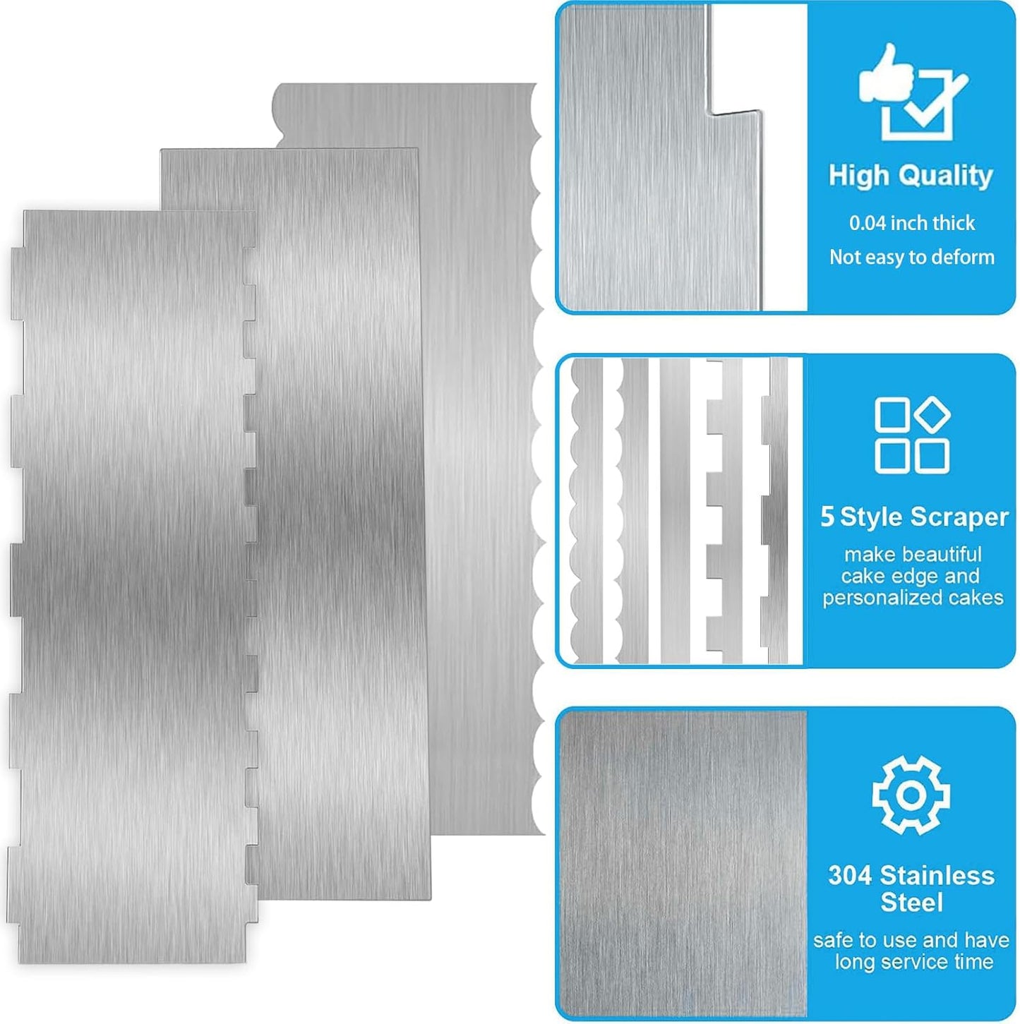 2 Pieces 8.7 Inche Stainless Steel Cake Scraper Double Sided Patterned Edge Stripe Edge Smoother Frosting Scraper Cake Decorating Cake Decorating Comb Cake Scraper For Butter Cream Mousse(2, 2)
