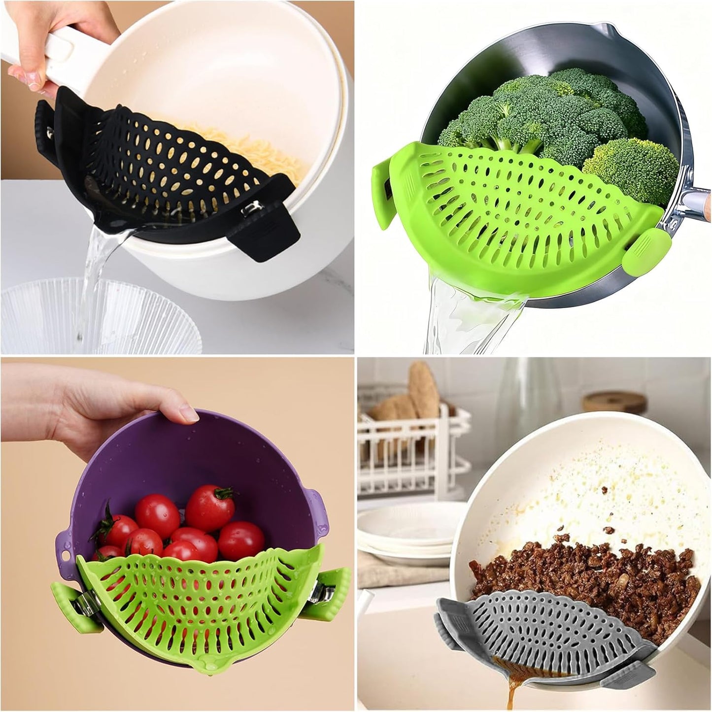3 Pcs Silicone Clip-on Food Strainer Pasta Strainer for All Pots and Pans, Kitchen Colander for Noodle, Vegetables, Meat, Fruit, Spaghetti