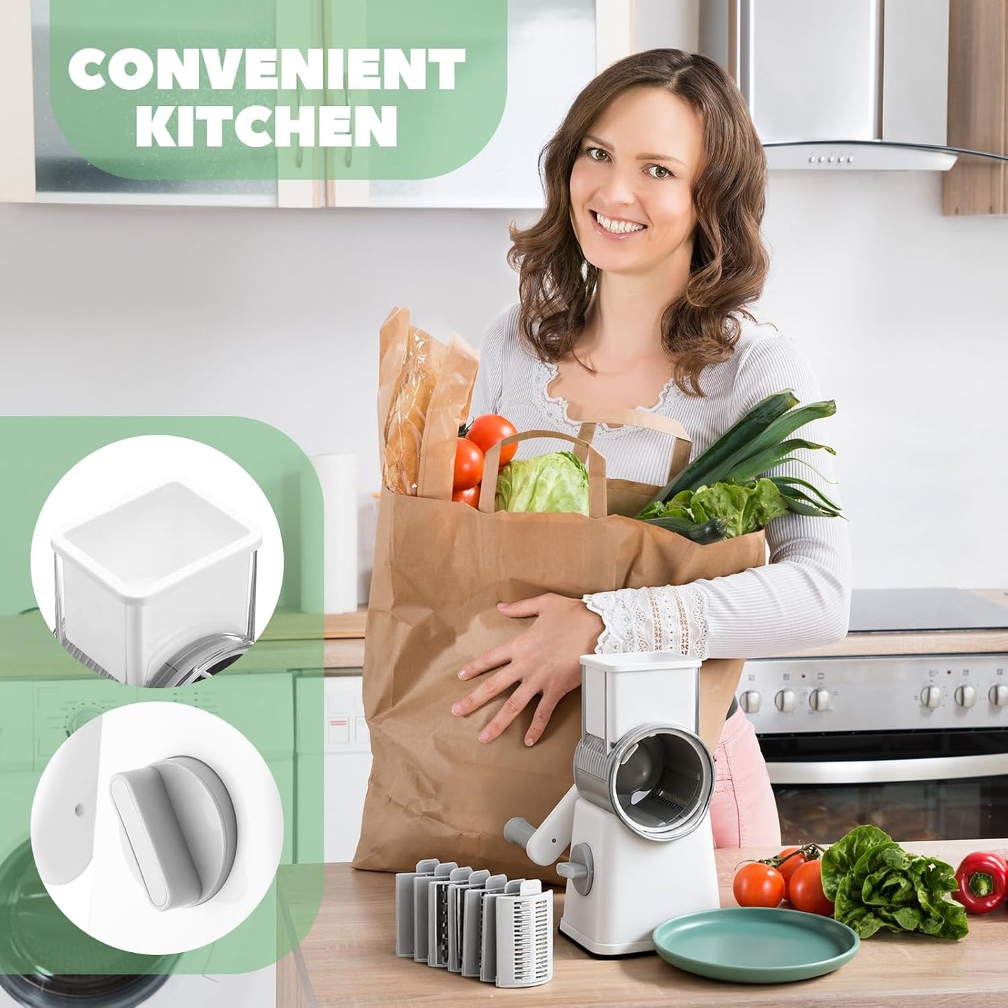 6-in-1 Multifunctional Rotary Cheese Grater with 11 Blades Dice Shred Slice Vegetable Chopper with Suction Base 360° Rotating Handle Safety Push Cup Multi Food Slicer Dicer for Kitchen(White)