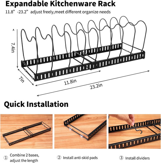 FrutPunch Pots and Pans Organizer,Rack for under Cabinet,Expandable Pot Lid Kitchen Cabinet Organizer Holder, with 10 Adjustable Partitions, Suitable for Kitchen Pan Organizers Inside Cabinet