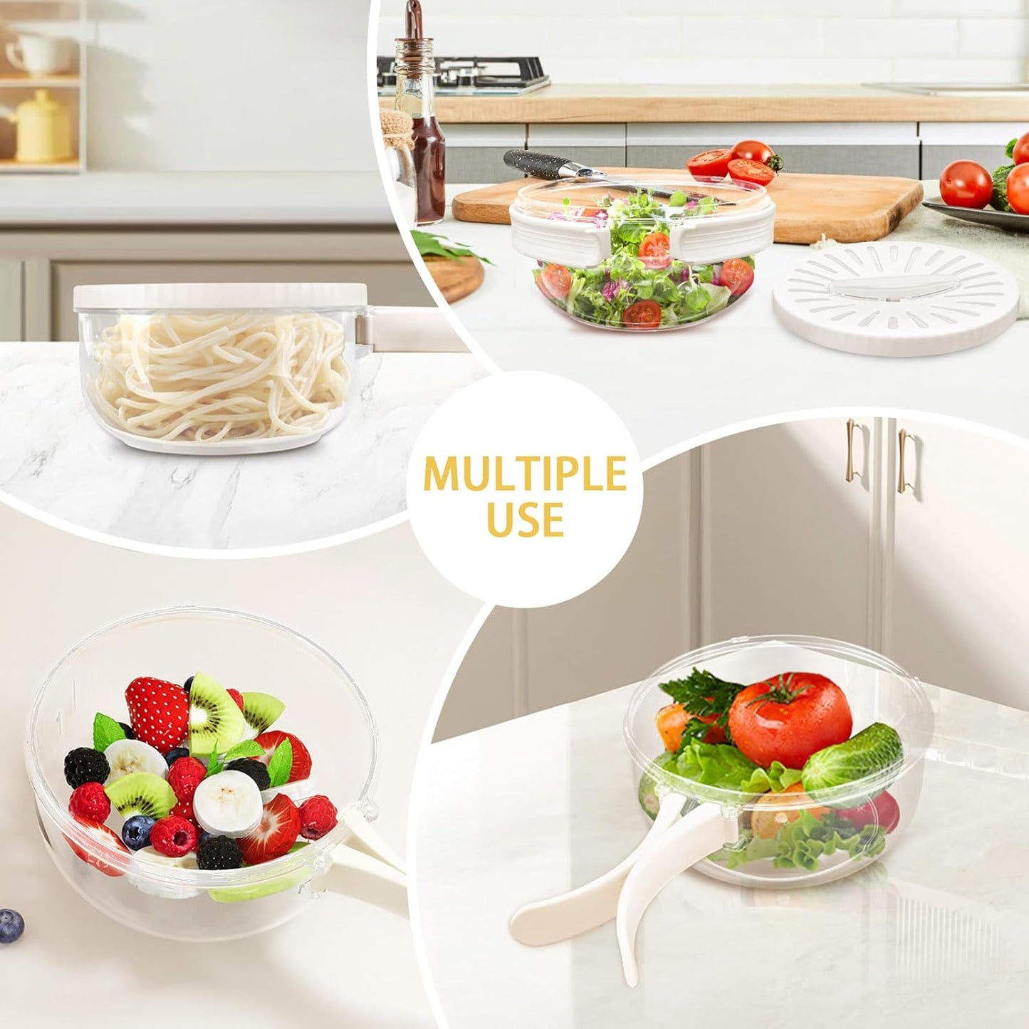 Fruit Washer Strainer Bowl with Foldable Handle, 2 in 1 Fruit Washing Bowl with Strainer with 15 Pcs Food Storage Bags, Fruit Colander Storage Container for Kitchen Fridge Picnic, White