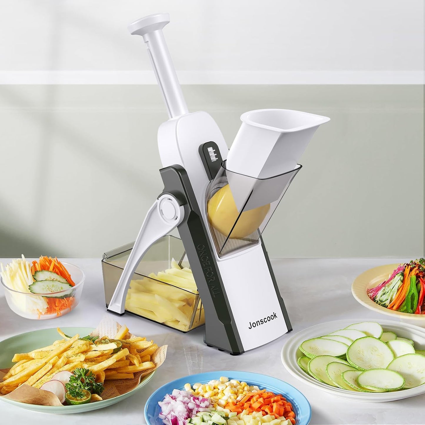 Safe Mandoline Slicer for Kitchen, Adjustable Thickness 0.1-8 mm, 5 in 1 Multi Vegetable Chopper, Potato Slicer, Food Chopper French Fry Cutte, Paring Knife/Cleaning Brush, Mandolin (BlackKnight)