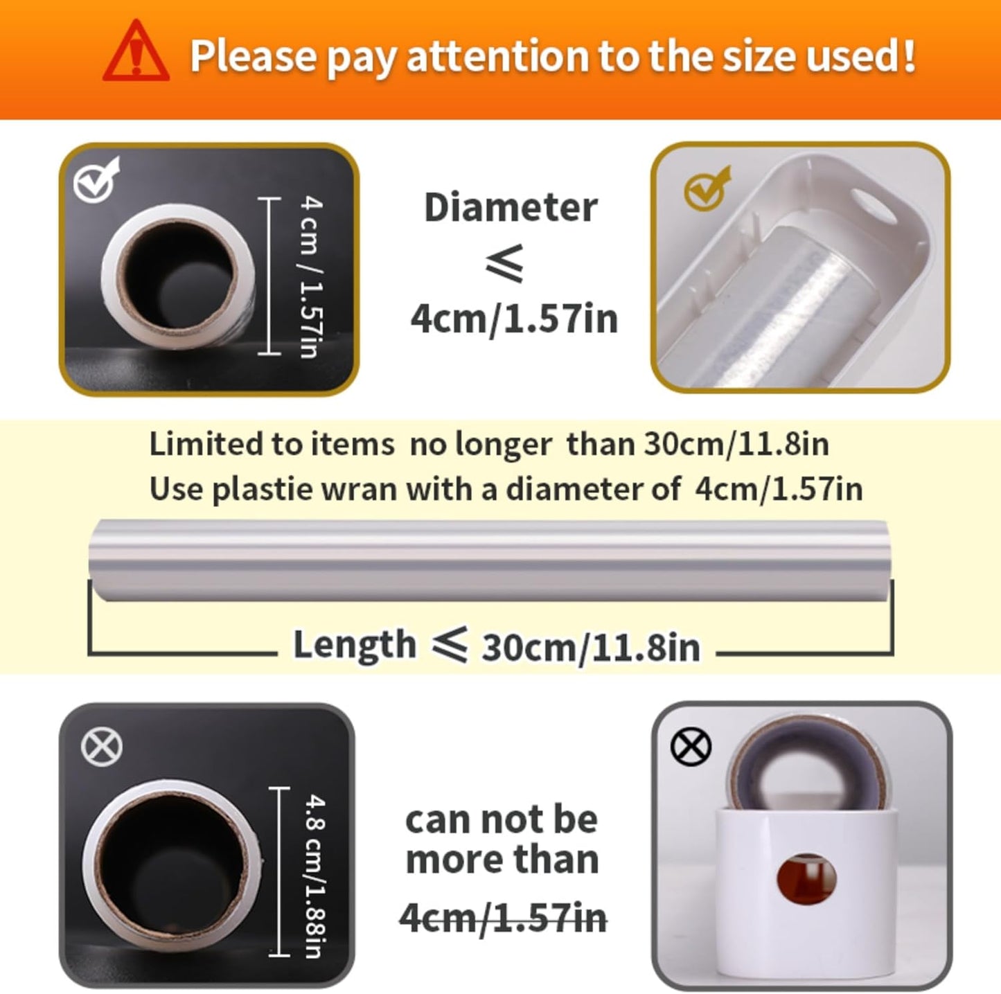 Plastic Wrap Dispenser with Cutter | Black | Fits 12-Inch Wide, 100-Foot Rolls (Up to 1.65" Diameter) | with Cling Film | Magnetic & Suction