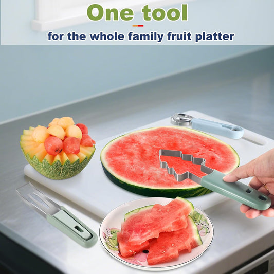 3-in-1 Watermelon cutter slicer tool set,Includes Christmas Tree Shaped Watermelon Slicer Cutter Tool and Melon Baller Scoop,Fruit Carving Tools for Watermelon,Cantaloupe and Dragon Fruit.