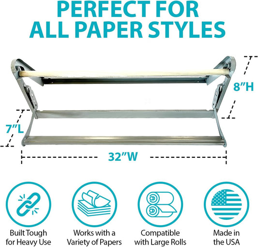 30" Roll Paper Dispenser with Cutter - Wall Mount or Desktop Metal Straight Edge Cutter - Fits Craft Paper Roll, Freezer, Wrapping, Butcher Papers, or Cling Film - Non-Sharp Edge, Grey