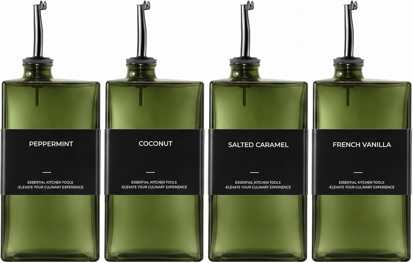 WISIMMALL Olive Oil Dispenser Bottle For Kitchen, 17OZ UV-Blocking Oil And Vinegar Dispenser Set Of 4, Soy Sauce Cooking Oil Dispenser with 4 Stainless Steel Pourers & 44 Labels