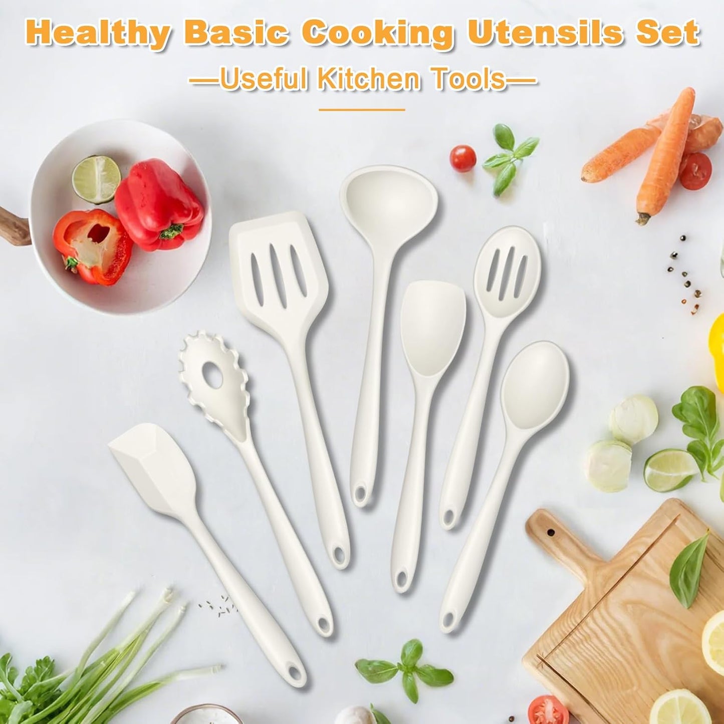 TeamFar Silicone Cooking Utensil Set of 7, Black Kitchen Nonstick Tools Turner Spoon Spatula Ladle Pasta Server for Nonstick Cookware, Healthy & One-Piece, Anti-Heat & Dishwasher Safe