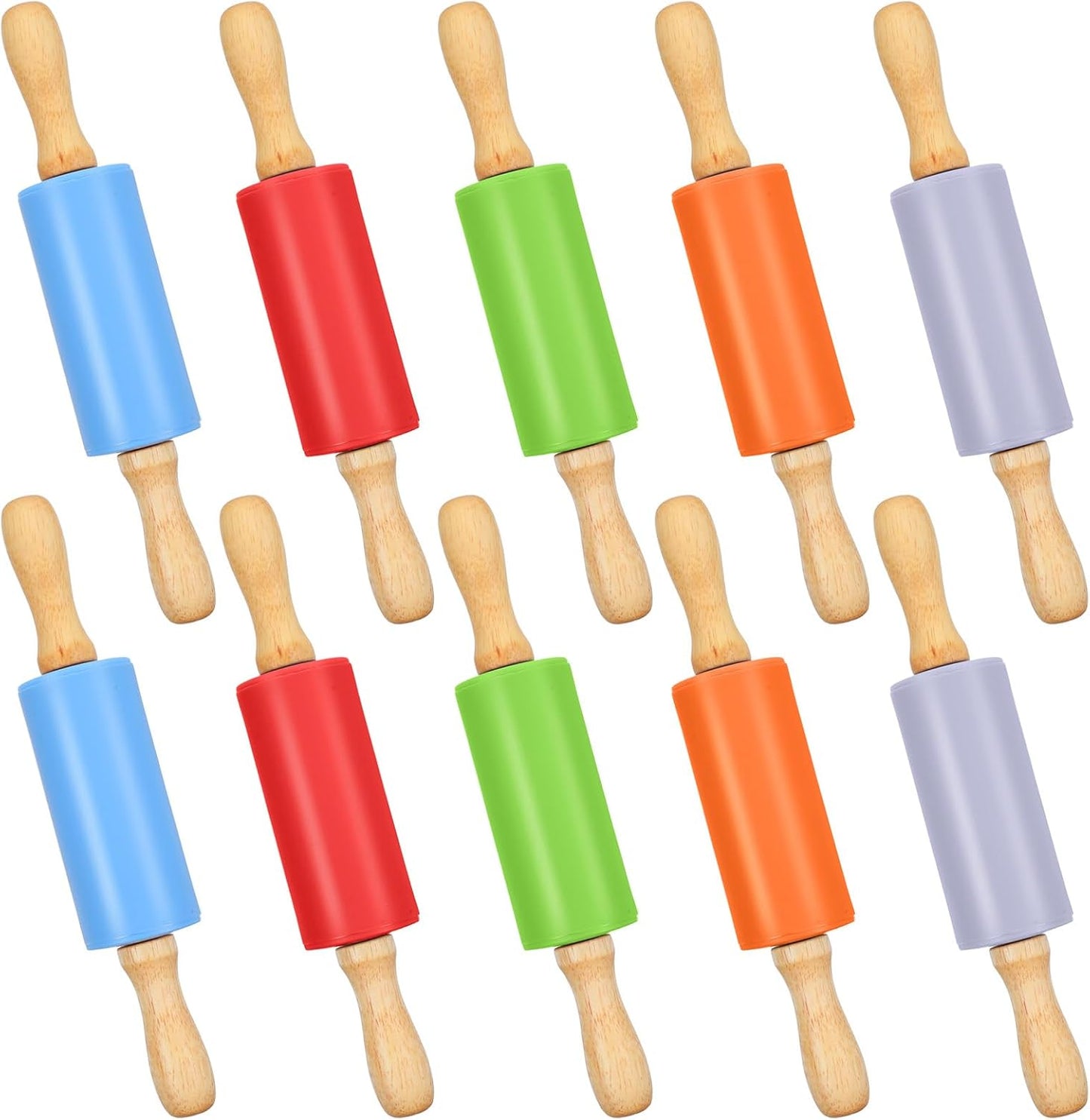 10 Pcs Small Rolling Pin Kids 9 Inch Mini Rolling Pin Silicone Wooden Cooking Pins Baking 5 Colors Non Stick with Wooden Handle for Christmas Kitchen Dough Cookie Pastry Fondant Cake, Christmas Gifts