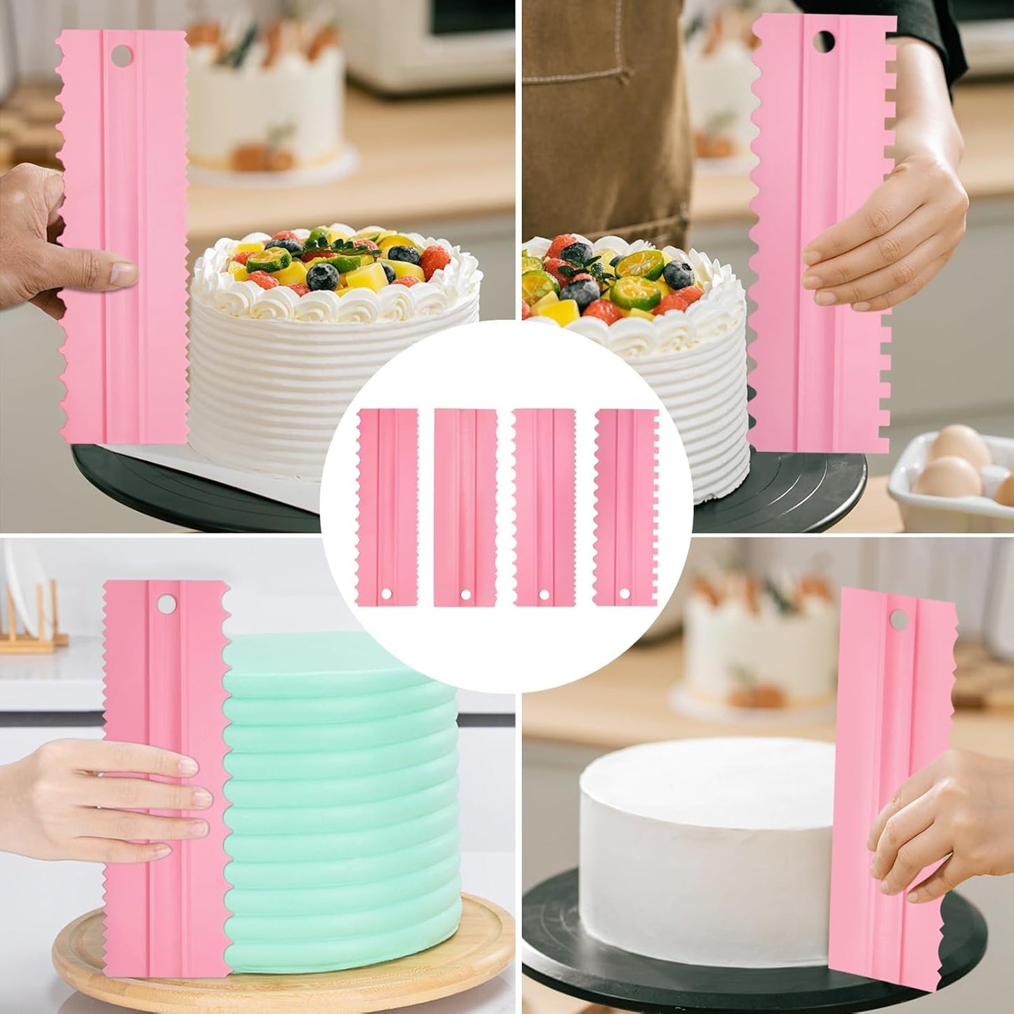 12 Pcs Adjustable Cake Smoother Set, Plastic Cake Decorating Tools Comb and Dough Scrapers for Baking Pastries (Pink)