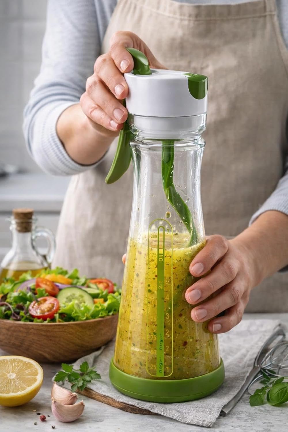 Salad Dressing Shaker Bottle with Spiral Mixer – Manual Salad Dressing Mixer, Leak Proof Oil and Vinegar Dressing Container with Measurements – Reusable BPA Free Salad Dressing Maker