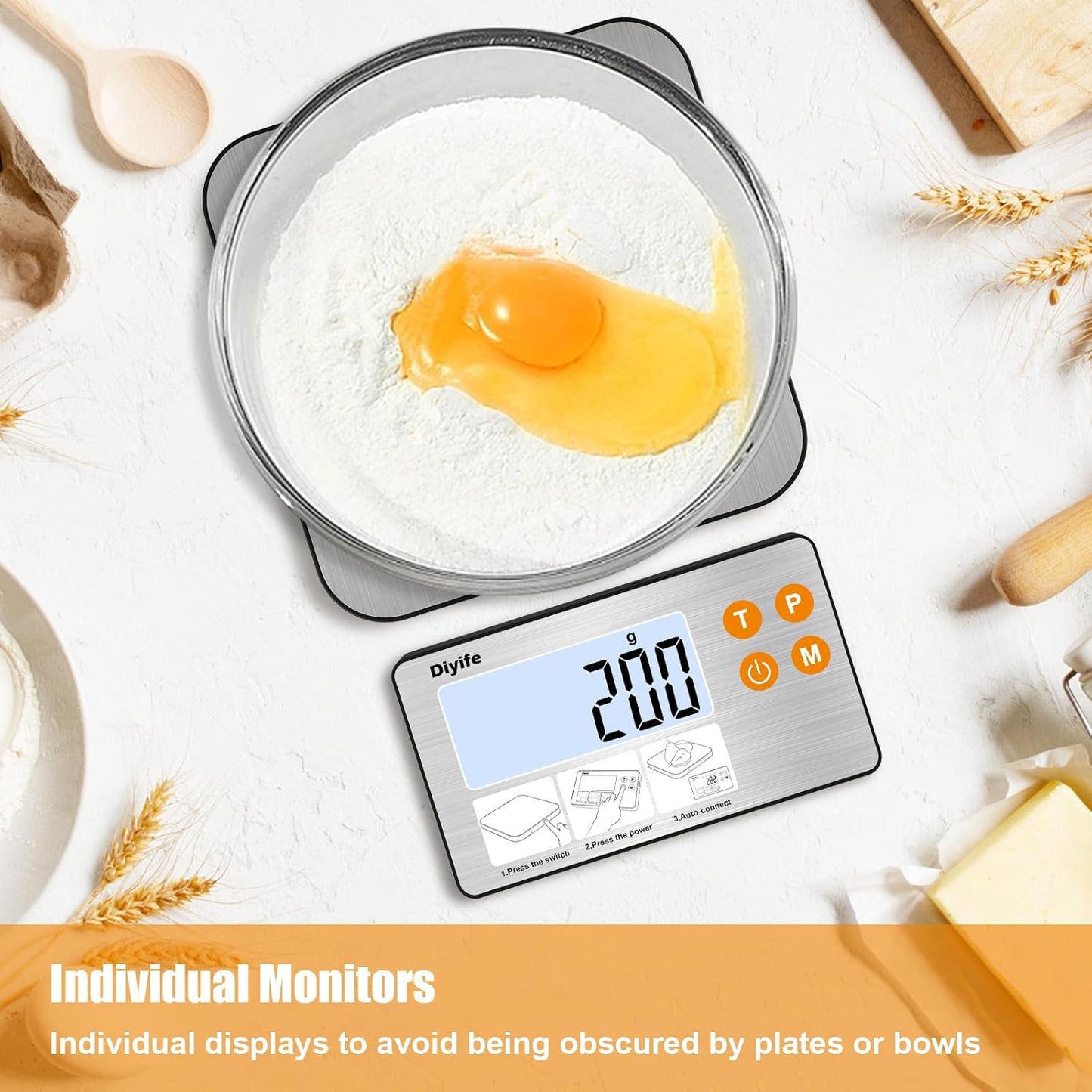 33lb Food Scale with Split Display, Diyife Digital Kitchen Scales, 1g/0.1oz Precise Graduation, 304 Stainless Steel Platform, Backlit LCD, for Cooking, Meal Prep