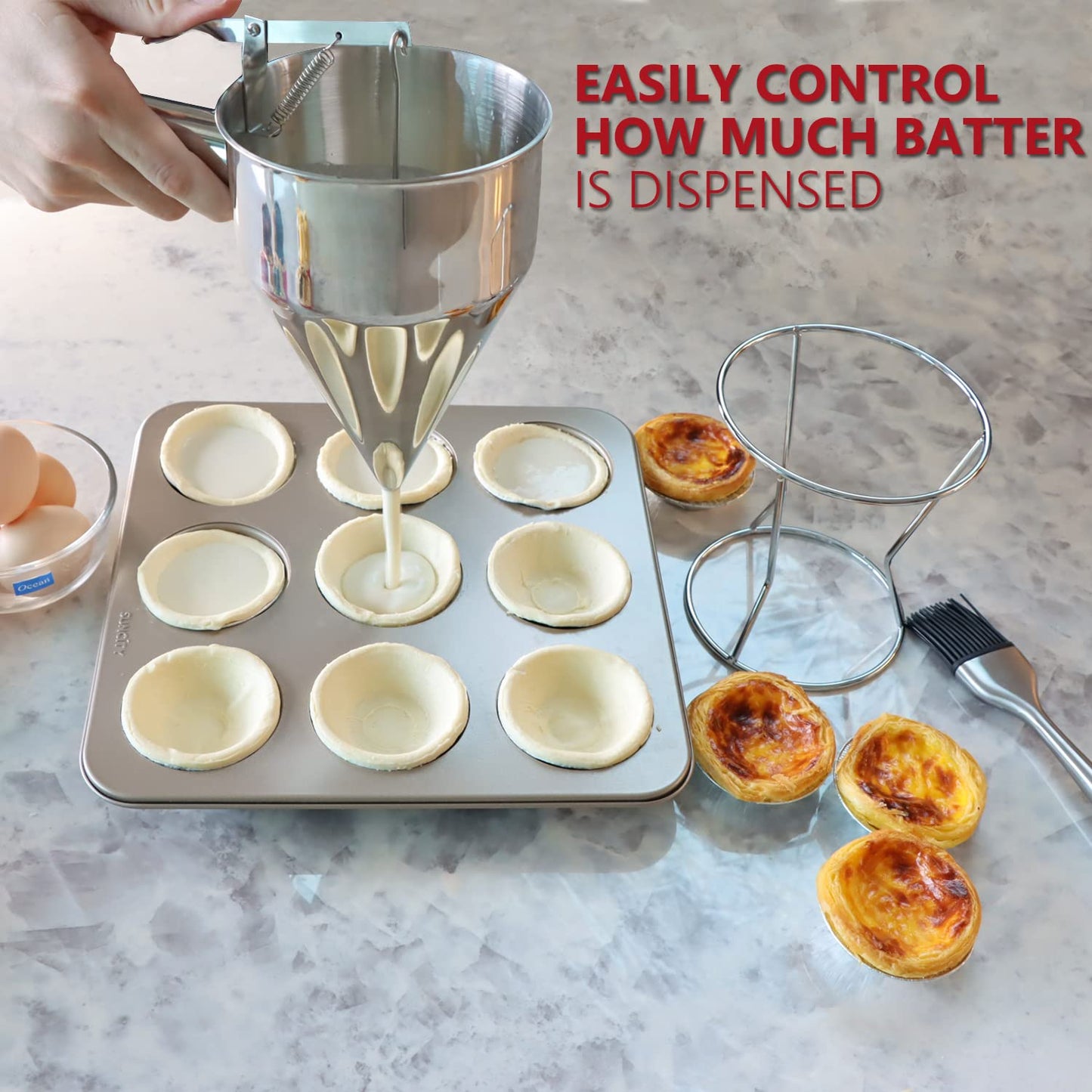 KAYCROWN Pancake Batter Dispenser, 1200ml Stainless Steel Funnel Cake Dispenser with Stand and Basting Brush, Great for Cupcakes, Waffles, takoyaki or Any Baked Goods, Batter Funnel Dispenser