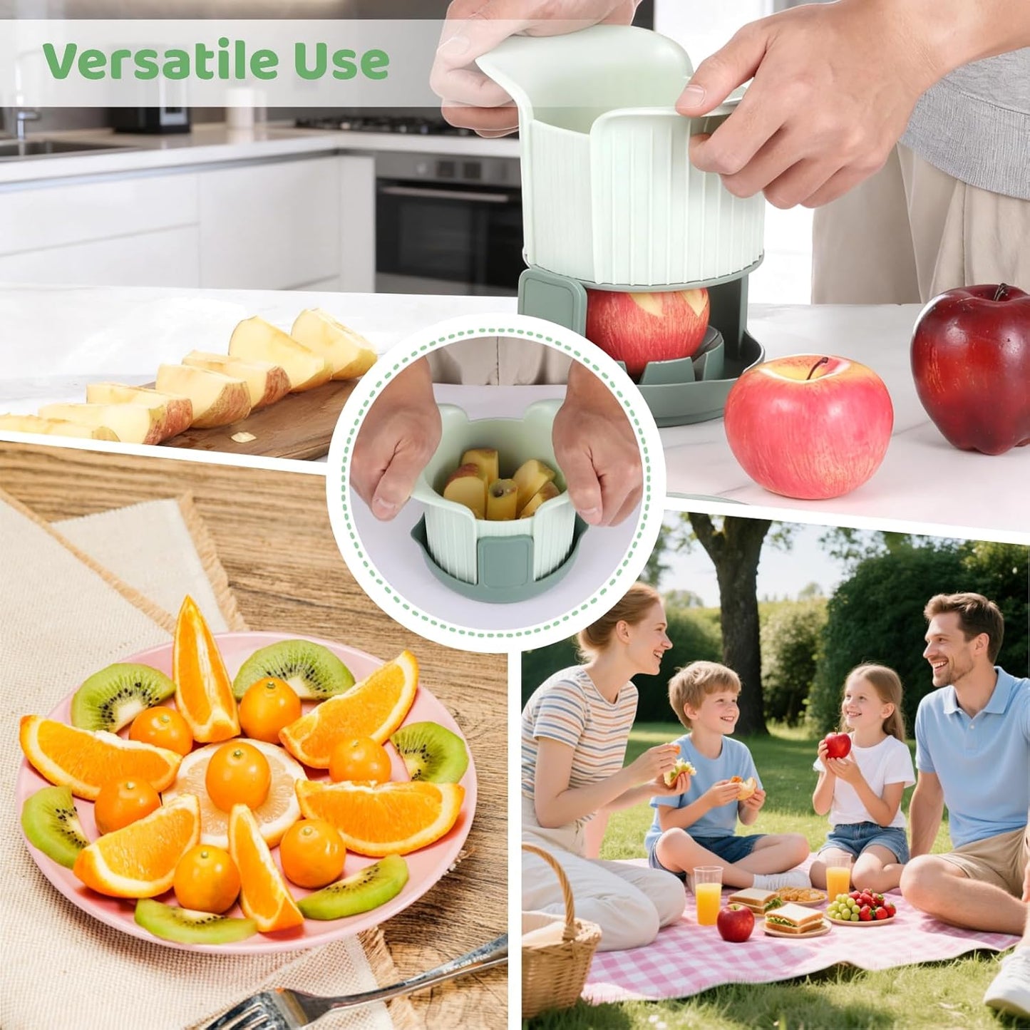 Apple Slicer and Corer Set with 3 Interchangeable Blades, Stainless Steel Apple Cutter, 8 Slices Slicer for Pear, Mango, Tomato, Green, 4.9 x 4.9 x 7.1 in
