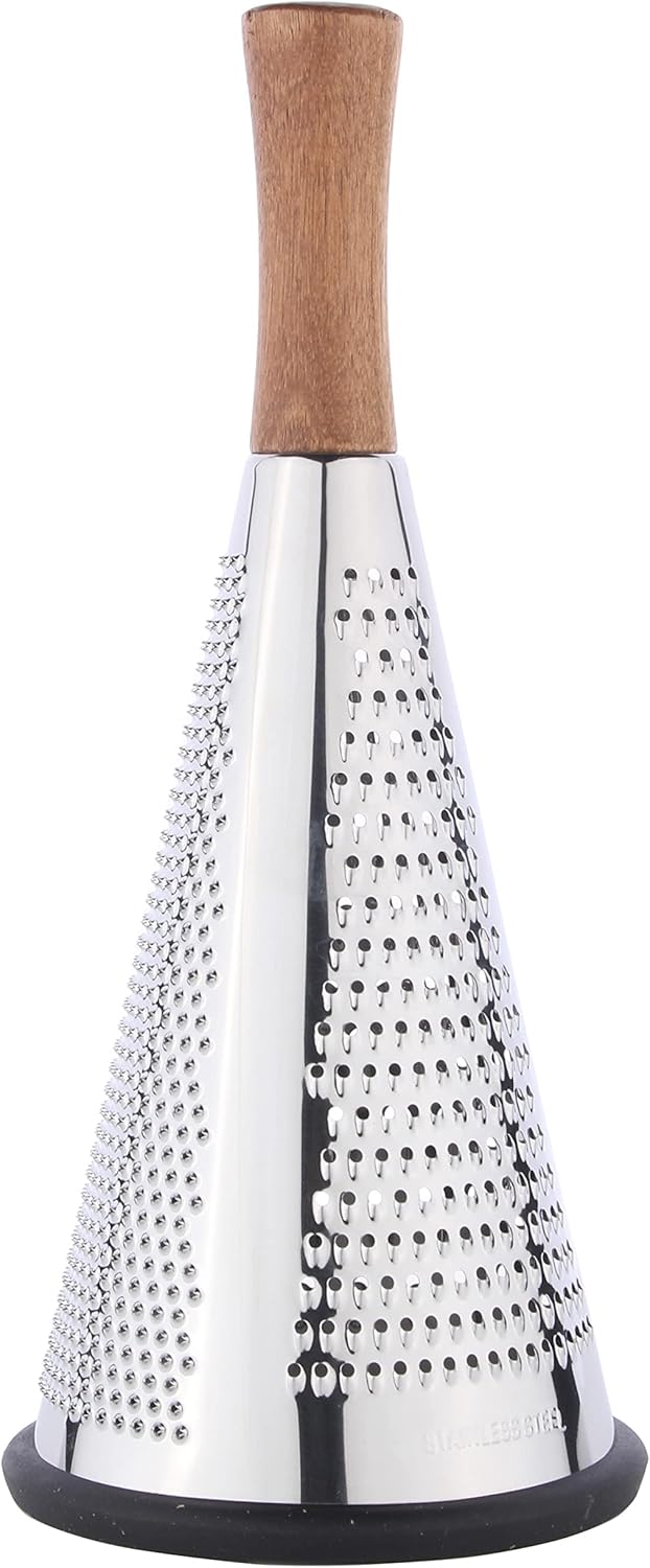 Cone Cheese Grater with Handle - Stainless Steel Triple Function Wood Handle Parmesan Shaver Non-Slip Rubber Bottom Hand Held Multifunction Vegetables Cheese Grater with container(S: 7.7" X 3.5")